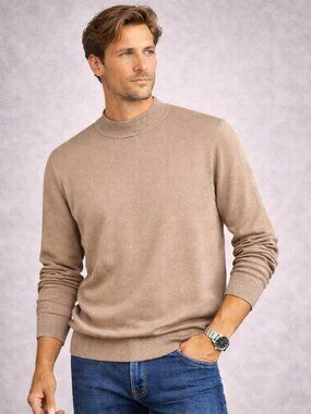 Jeff Beige Mock Neck Knit Sweater Men's Soft Minimalist Cotton Acrylic Pullover
